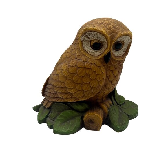 Hand-Painted Resin Owl Figurine On Leaf Base - Picture 1 of 5